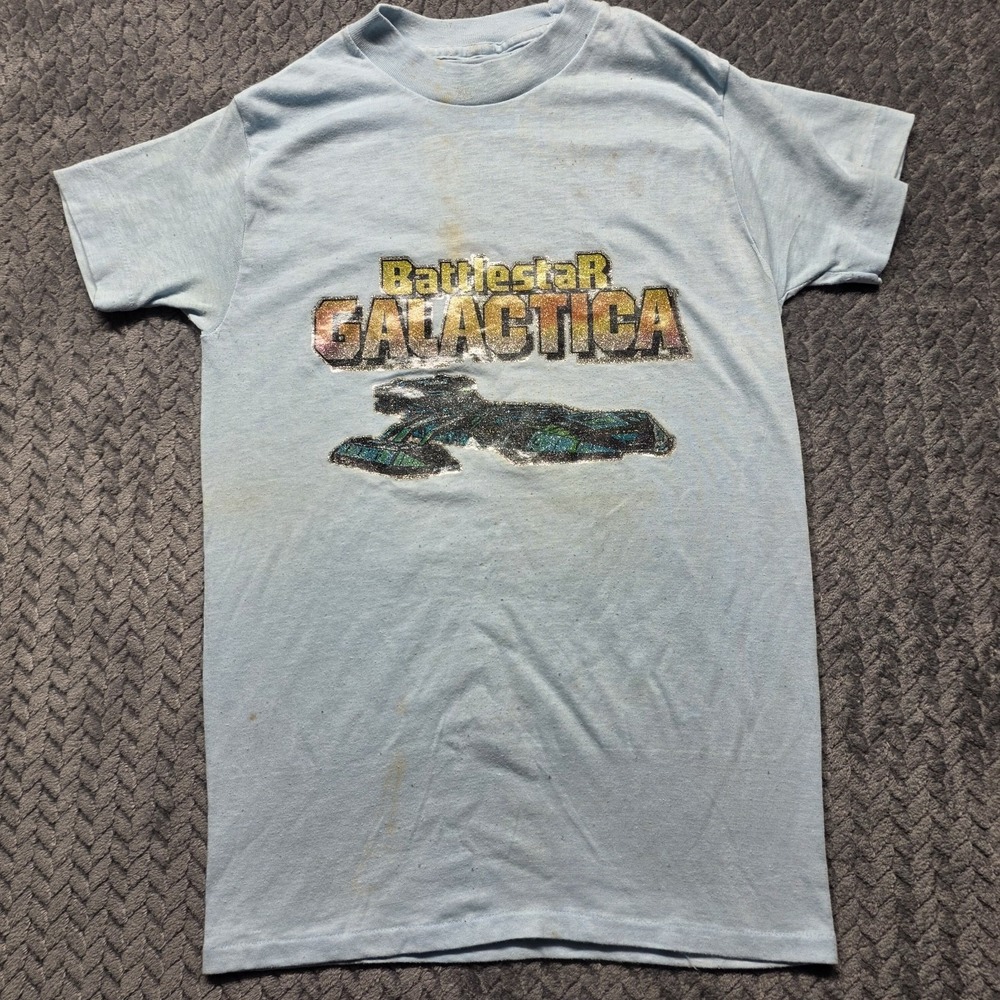VTG 1978 Battlestar Galactica Glitter‎ T-Shirt Child Medium Sci-Fi TV Show Roach